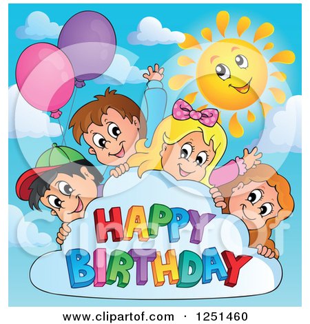 Clipart of Children Looking Around a Cloud with Party Balloons and Happy Birthday Text - Royalty Free Vector Illustration by visekart
