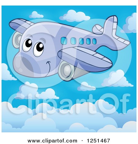 Clipart of a Happy Cute Airplane Above the Clouds - Royalty Free Vector Illustration by visekart