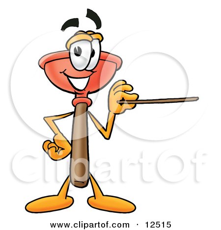 Clipart Picture of a Sink Plunger Mascot Cartoon Character Holding a Pointer Stick by Mascot Junction