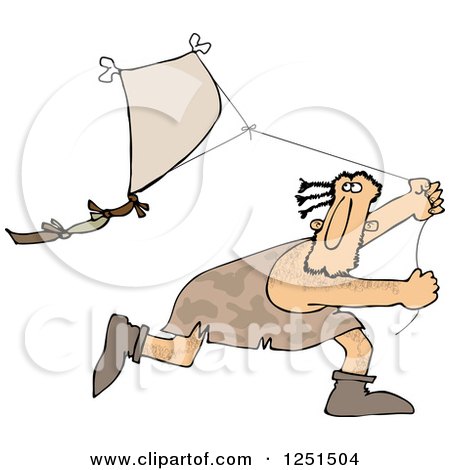 Clipart of a Caveman Running and Flying a Kite - Royalty Free Vector Illustration by djart