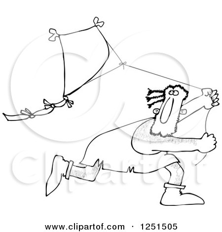 Clipart of a Black and White Caveman Running and Flying a Kite - Royalty Free Vector Illustration by djart