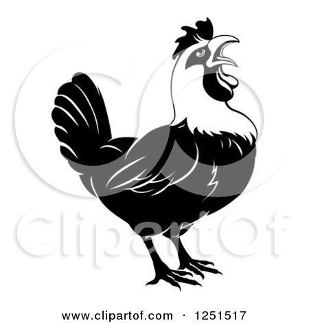 Clipart of a Black and White Crowing Rooster - Royalty Free Vector Illustration by AtStockIllustration