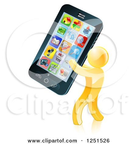 Clipart of a 3d Gold Man Carrying a Giant Cell Phone - Royalty Free Vector Illustration by AtStockIllustration