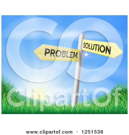 Clipart of Problem and Solution Directional Signs over Sunrise - Royalty Free Vector Illustration by AtStockIllustration