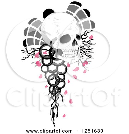 Clipart of a Human Skull with Gray Feathers, Branches, Rings and Pink Petals - Royalty Free Vector Illustration by BNP Design Studio