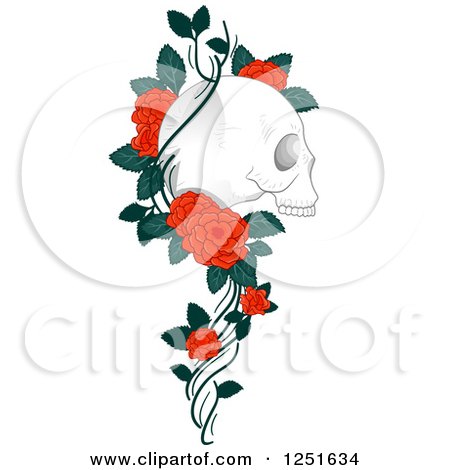 Clipart of a Human Skull with a Rose Vine - Royalty Free Vector Illustration by BNP Design Studio