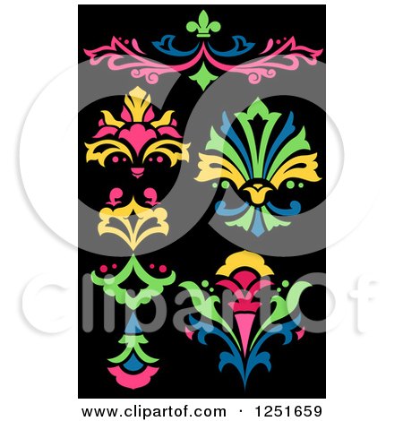 Clipart of Neon Floral Designs on Black - Royalty Free Vector Illustration by BNP Design Studio