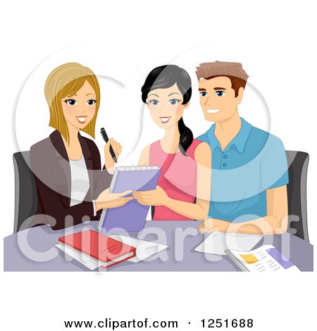 Clipart of a Couple Going over Their Wedding with a Planner - Royalty Free Vector Illustration by BNP Design Studio