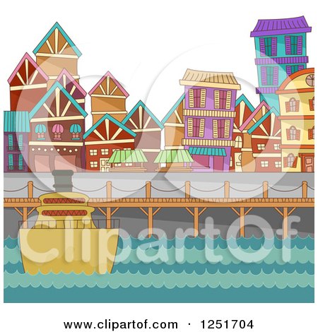 Clipart of a Boat at a Port with Buildings - Royalty Free Vector Illustration by BNP Design Studio