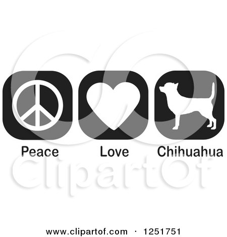 Clipart of Black and White Peace Love and Chihuahua Dog Icons - Royalty Free Vector Illustration by Johnny Sajem
