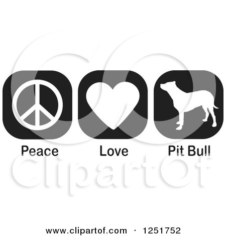 Clipart of Black and White Peace Love and Pit Bull Dog Icons - Royalty Free Vector Illustration by Johnny Sajem