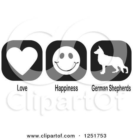 Clipart of Black and White Love Happiness and German Shepherds Dog Icons - Royalty Free Vector Illustration by Johnny Sajem