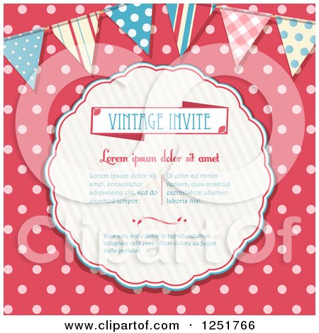 Clipart of a Vintage Invitation with Sample Text over Pink Polka Dots with a Bunting - Royalty Free Vector Illustration by elaineitalia