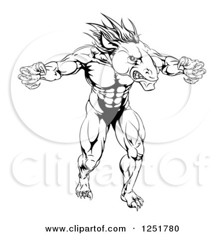 Clipart of a Black and White Muscular Fierce Horse Mascot with Claws - Royalty Free Vector Illustration by AtStockIllustration