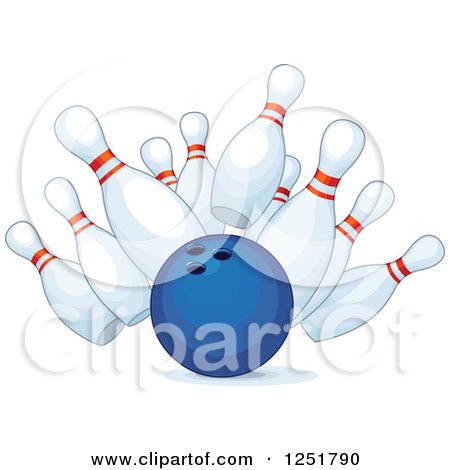 Clipart of a Blue Bowling Ball Smashing into Pins - Royalty Free Vector Illustration by Pushkin