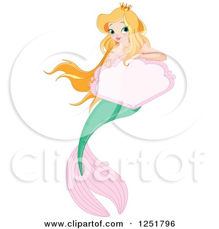 Clipart of a Blond Princess Mermaid with a Pink Sign - Royalty Free Vector Illustration by Pushkin