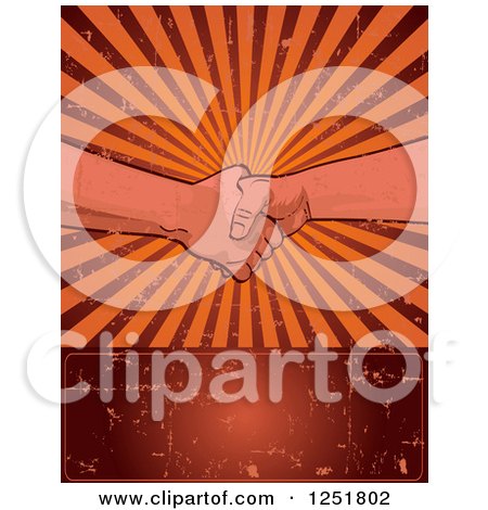 Clipart of Union Workers Shaking Hands over a Grungy Red and Orange Burst and Sign - Royalty Free Vector Illustration by Pushkin