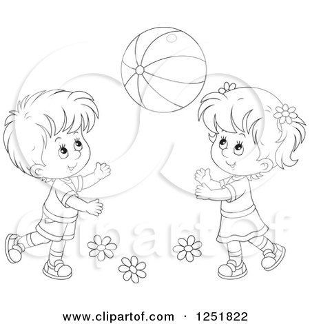 Clipart of a Black and White Boy and Girl Playing with a Ball - Royalty Free Vector Illustration by Alex Bannykh