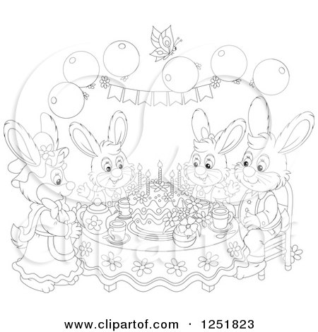Clipart of a Black and White Rabbit Family Having Cake on Easter - Royalty Free Vector Illustration by Alex Bannykh