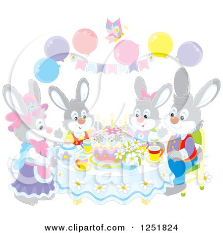 Clipart of a Gray Rabbit Family Having Cake on Easter - Royalty Free Vector Illustration by Alex Bannykh