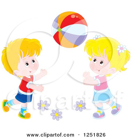Clipart of a Blond Caucasian Boy and Girl Playing with a Ball - Royalty Free Vector Illustration by Alex Bannykh
