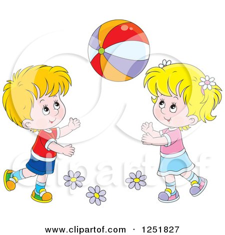 Clipart of a Blond White Boy and Girl Playing with a Ball - Royalty Free Vector Illustration by Alex Bannykh