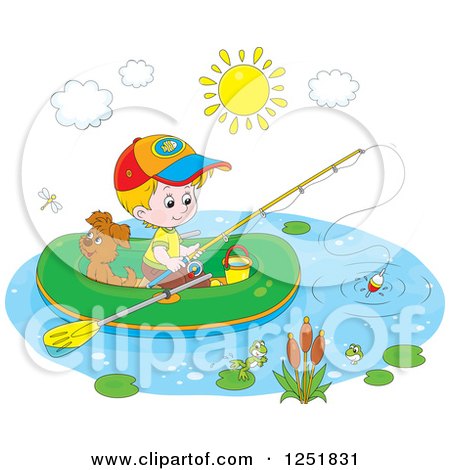 Clipart of a Blond Caucasian Boy and His Dog Fishing from a Raft - Royalty Free Vector Illustration by Alex Bannykh