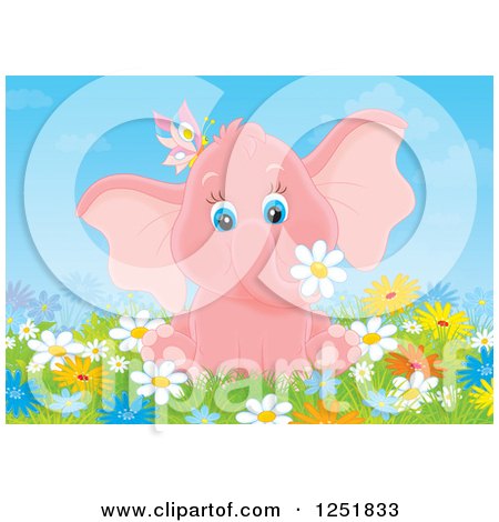 Clipart of a Pink Elephant Girl with a Butterfly in Flowers - Royalty Free Illustration by Alex Bannykh