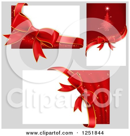Clipart of Reda Nd White Christmas Bows and Banner Signs on Gray - Royalty Free Vector Illustration by dero