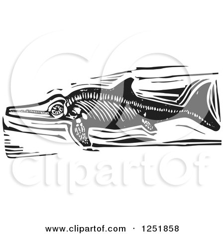 Clipart of a Black and White Woodcut Ichthyosaur Dinosaur - Royalty Free Vector Illustration by xunantunich