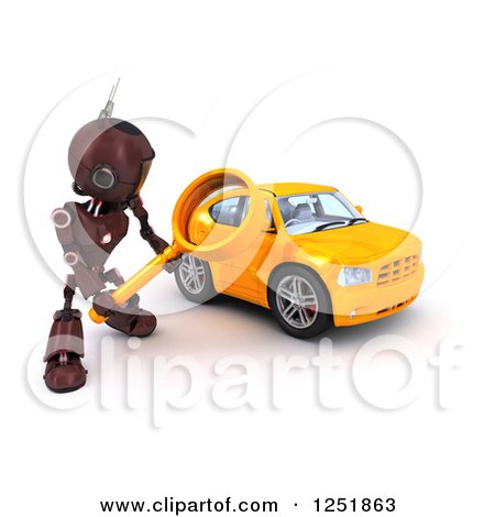 Clipart of a 3d Red Android Robot Using a Magnifying Glass to Search for a Car - Royalty Free Illustration by KJ Pargeter