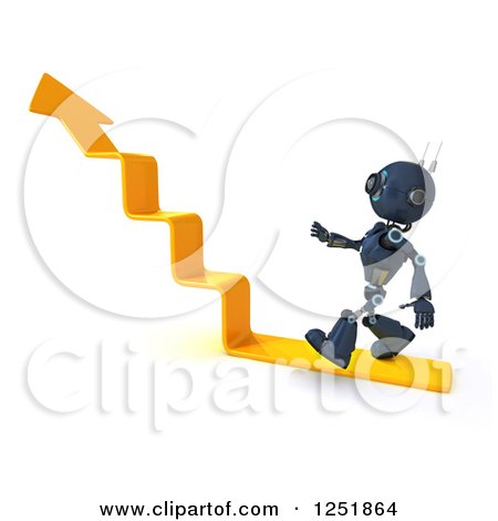 Clipart of a 3d Blue Android Robot Walking up Arrow Steps - Royalty Free Illustration by KJ Pargeter