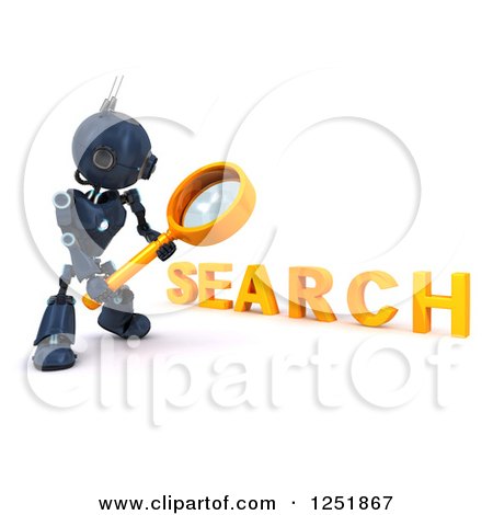 Clipart of a 3d Blue Android Robot Using a Magnifying Glass to Search - Royalty Free Illustration by KJ Pargeter