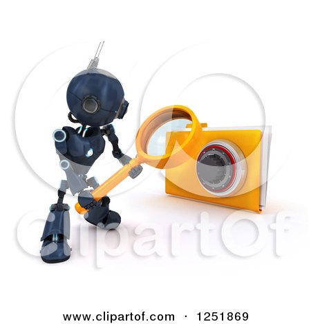 Clipart of a 3d Blue Android Robot Using a Magnifying Glass to Search a Locked Folder - Royalty Free Illustration by KJ Pargeter