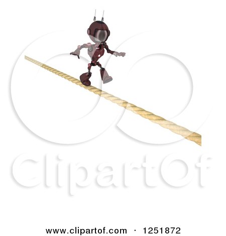 Clipart of a 3d Red Android Robot Crossing a Tight Rope - Royalty Free Illustration by KJ Pargeter