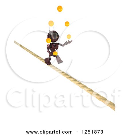 Clipart of a 3d Red Android Robot Juggling and Crossing a Tight Rope - Royalty Free Illustration by KJ Pargeter