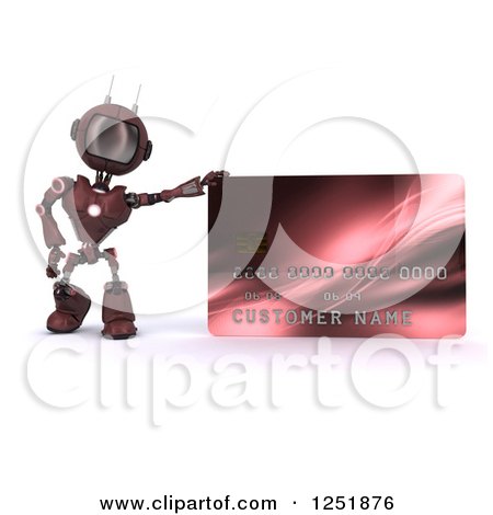 Clipart of a 3d Red Android Robot with a Giant Credit Card - Royalty Free Illustration by KJ Pargeter