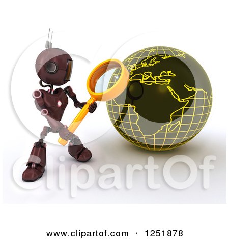 Clipart of a 3d Red Android Robot Using a Magnifying Glass to Search a Globe - Royalty Free Illustration by KJ Pargeter