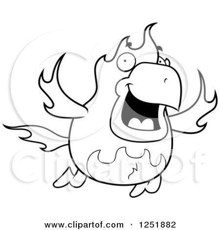 Clipart of a Black and White Flying Fire Bird Phoenix - Royalty Free Vector Illustration by Cory Thoman