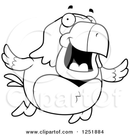 Clipart of a Black and White Happy Parrot Flying - Royalty Free Vector Illustration by Cory Thoman