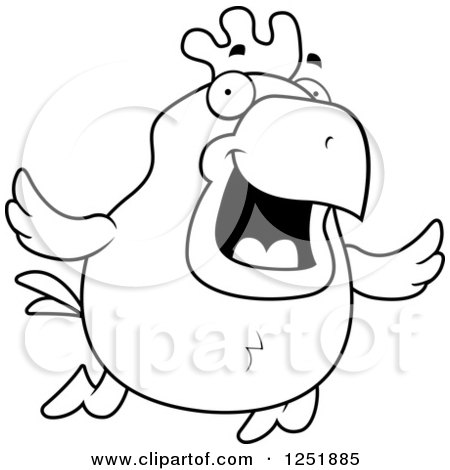Clipart of a Black and White Happy Flying Rooster - Royalty Free Vector Illustration by Cory Thoman