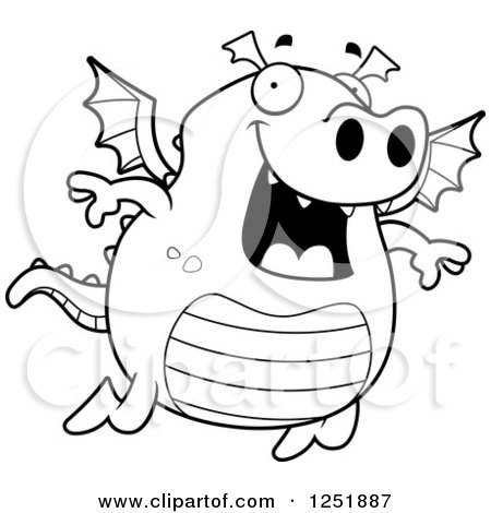 Clipart of a Black and White Happy Dragon Flying - Royalty Free Vector Illustration by Cory Thoman