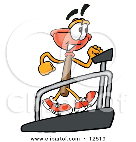 Clipart Picture of a Sink Plunger Mascot Cartoon Character Walking on a Treadmill in a Fitness Gym by Mascot Junction