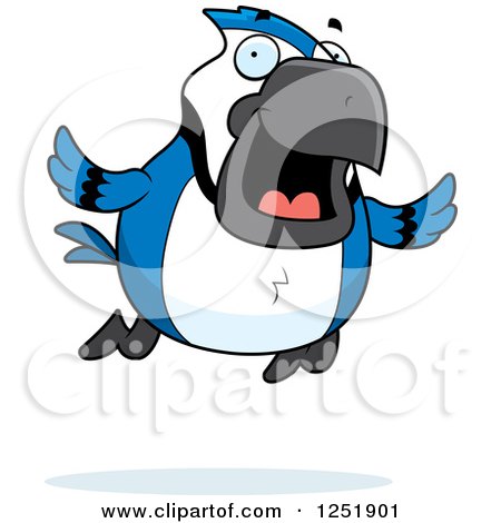Clipart of a Happy Flying Blue Jay - Royalty Free Vector Illustration by Cory Thoman