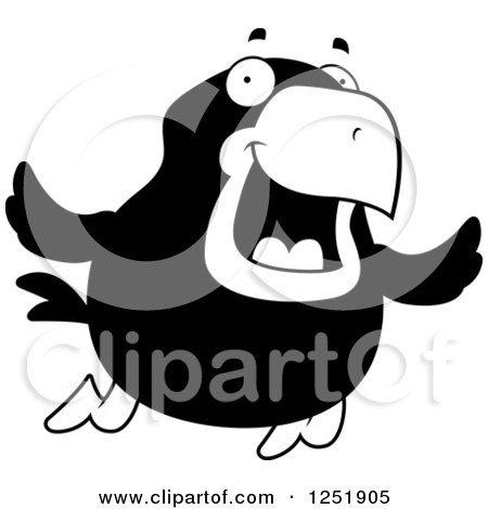 Clipart of a Black and White Happy Crow Flying - Royalty Free Vector Illustration by Cory Thoman