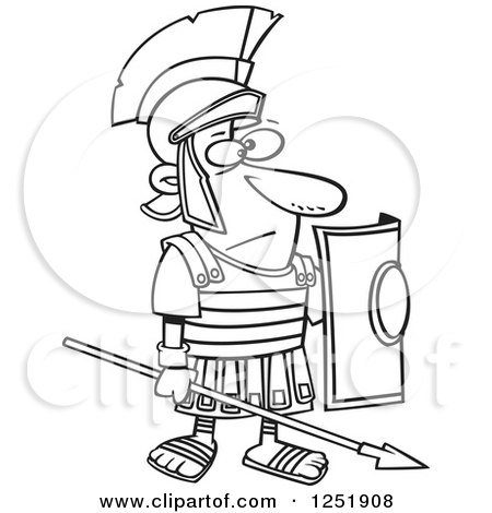 Clipart of a Black and White Cartoon Roman Soldier Standing with a Spear and Shield - Royalty Free Vector Illustration by toonaday