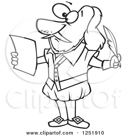 Clipart of a Black and White Cartoon Shakespeare Writing a Play - Royalty Free Vector Illustration by toonaday
