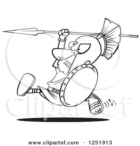 Clipart of a Black and White Cartoon Spartan Warrior Running with a Spear and Shield - Royalty Free Vector Illustration by toonaday