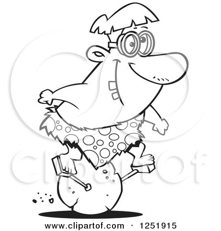 Clipart of a Black and White Creative Caveman Riding a Stone Cycle - Royalty Free Vector Illustration by toonaday