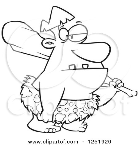 Clipart of a Black and White Cartoon Caveman Carrying a Club - Royalty Free Vector Illustration by toonaday
